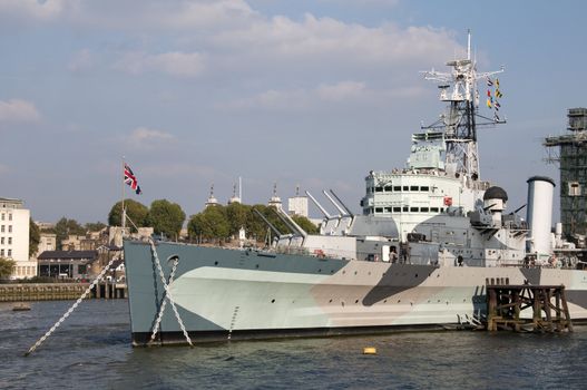 A warship on the river Thames in London