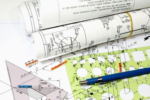 Isometric Drawings blueprint templates pen and rolls of engineering plans