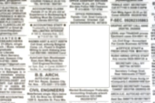 Blank Advertisement on Classified Ads - data intentionally blurred to put your subject in the white provided