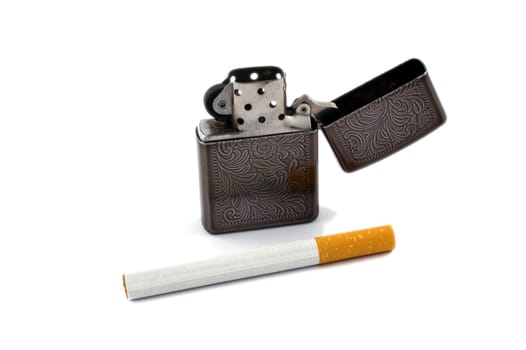 Cigarette and cigarette lighter isolated on white