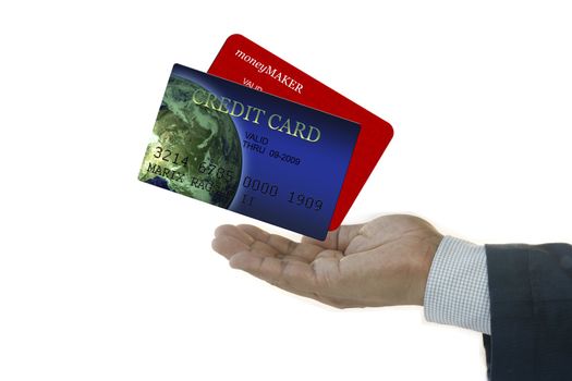 Businessman with Two different  Credit Cards Isolated in White