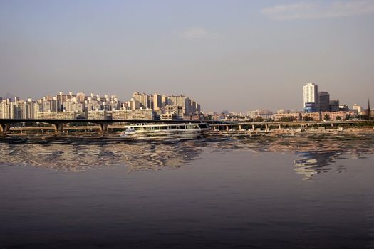 City Harbor Reflection with wavy water in Han River Seoul korea