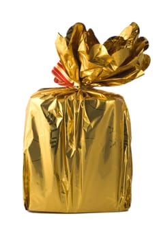 Present wrapped in golden paper isolated on white