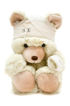 Wounded teddy bear. Isolated on a white background.