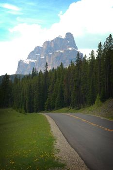 A mountain scene with road in Banf Alberta, Canada.