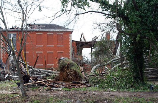 Brick building damaged by tornado