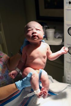 A newborn baby being held up by the nurse