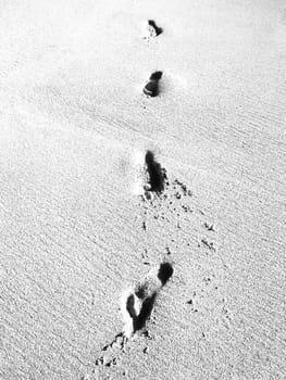 A row of footprints in some beach sand.