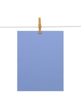 Purple-blue blank paper sheet on a clothes line. Isolated on white background. Contains two clipping paths: 1) paper, clothes line and clothespin; 2) paper only