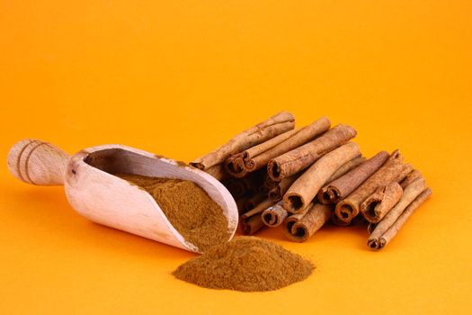 Sticks and powder of cinnamon reflected on the white background