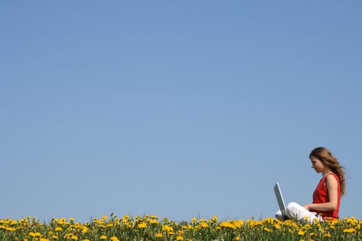 Girl working with laptop outdoors in a flowering spring field.