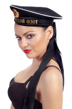seductive brunette wearing Russian sailor's cap