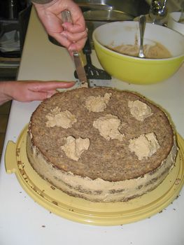 A layered walnut cake filled with walnut paste, orange jam and finished with buttercream, almonds and raspberrie