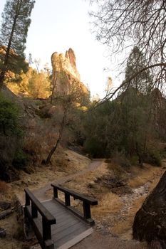 Pinnacles National Monument is a protected mountainous area located east of central California's Salinas Valley. The Monument's namesakes are the eroded leftovers of half of an extinct volcano.