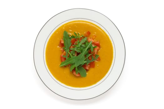 pumpkin soup, shot from above, white background