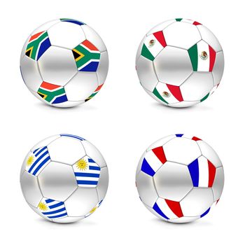 four footballs/soccer balls with the flags of South Africa, Mexico, Uruguay and France - world championship South Africa 2010 group B