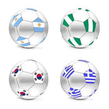 four footballs/soccer balls with the flags of Argentina, Nigeria, South Korea and Greece - world championship South Africa 2010 group B