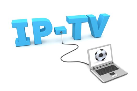 a laptop is connected to the blue word IP-TV - watching football or soccer online - a fancy football on the screen