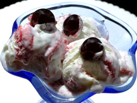 Vanilla ice cream with cherries and syrup