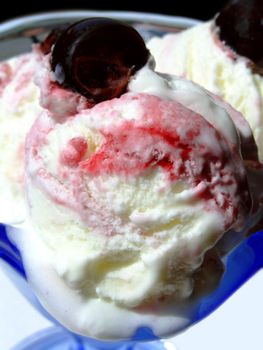 Vanilla ice cream with cherries and syrup
