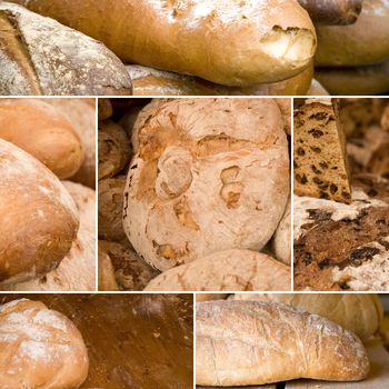 Collage of fresh traditional bread on bakeries.