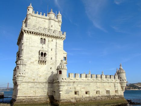 Belém tower on river Tagus in Lisbon. It is considered one of the main works of the Portuguese late gothic and it is decorated with the typical manueline motifs like the armillary sphere (symbol of king Manuel I)