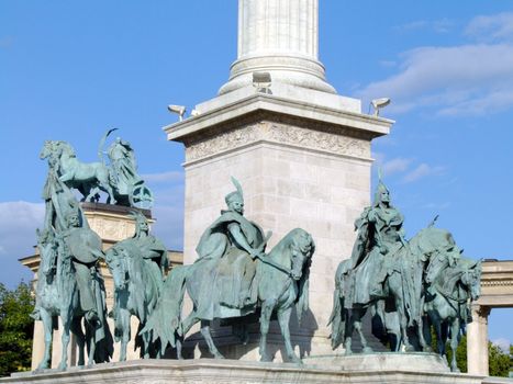Equestian statues of seven Hungarian tribe chieftains at the base of the column in Heroes' Square, Budapest