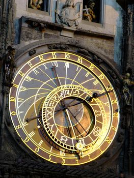 Close-up of the astronomical clock in Prague by night
