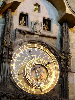 Detail of the astronomical clock in Prague by night