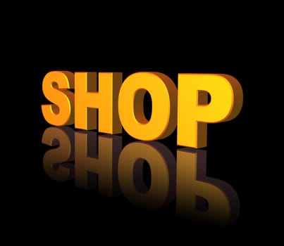golden shop text on black background - 3d illustration
