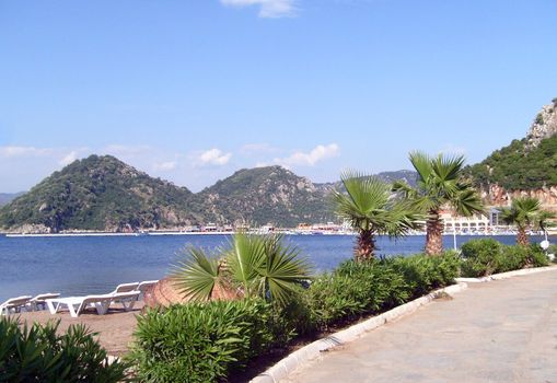 Popular tourist resort of Icmeler in Turkey showing Aegean sea.