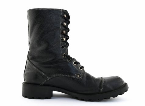 Military style black leather boot on white background.