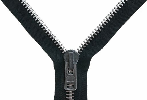 Unzipped black metal zipper over white background.