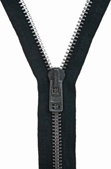 Unzipped black metal zipper on white background.