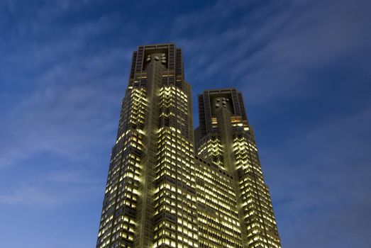 one of famous Tokyo's Landmarks -Metropolis Government Building N1 also called as Tokyo City Hall at twilight illumination