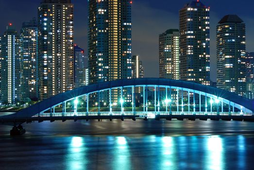 scenic Eitai bridge over Sumida river at night time, Tokyo Japan