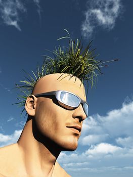 human head with grass mohawk hair - 3d illustration
