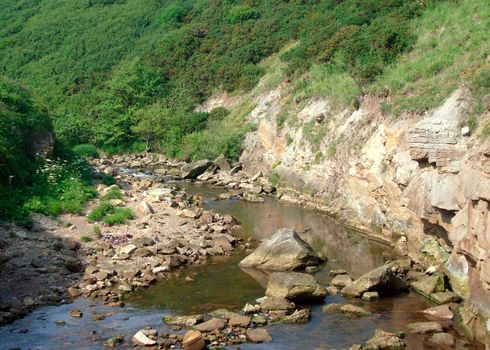 River running through gorge in countryside.