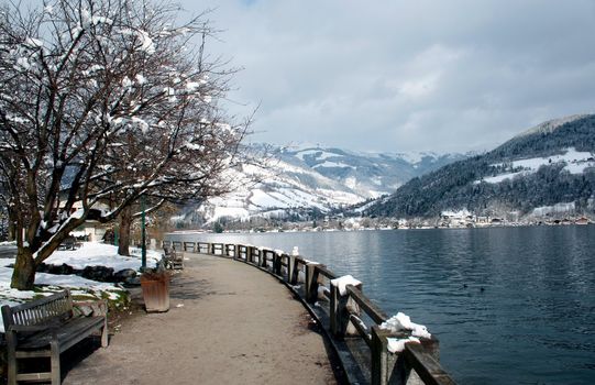 Tranquil Alpine lake in Switzerland.