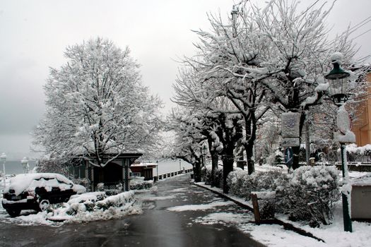 Winters path by lake in Switerland.