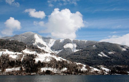 Tranquil Alpine lake in Switzerland.