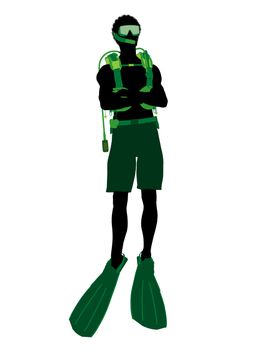African american male scuba diver art illustration silhouette on a white background