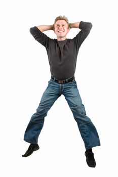 young man jumps on a white background