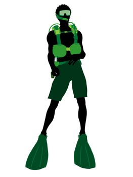 African american male scuba diver art illustration silhouette on a white background