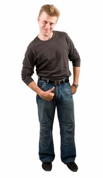 smiling young man with thumbs up on a white background