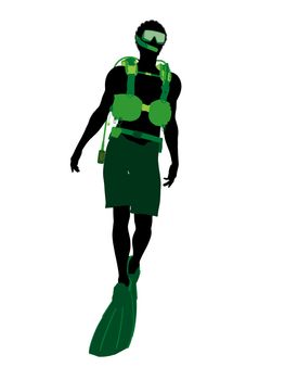 African american male scuba diver art illustration silhouette on a white background