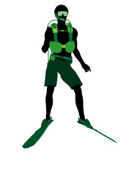 African american male scuba diver art illustration silhouette on a white background