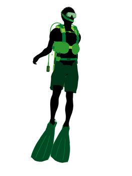 African american male scuba diver art illustration silhouette on a white background