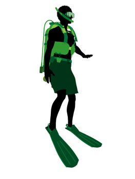 African american male scuba diver art illustration silhouette on a white background