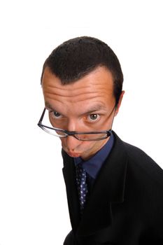 young business man playing silly over white background